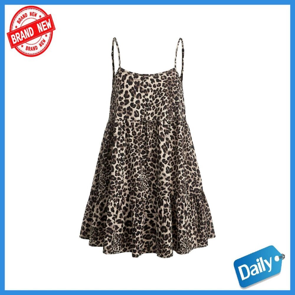 Leopard Print Spaghetti Strap Tiered Ruffle Swing Babydoll Dress